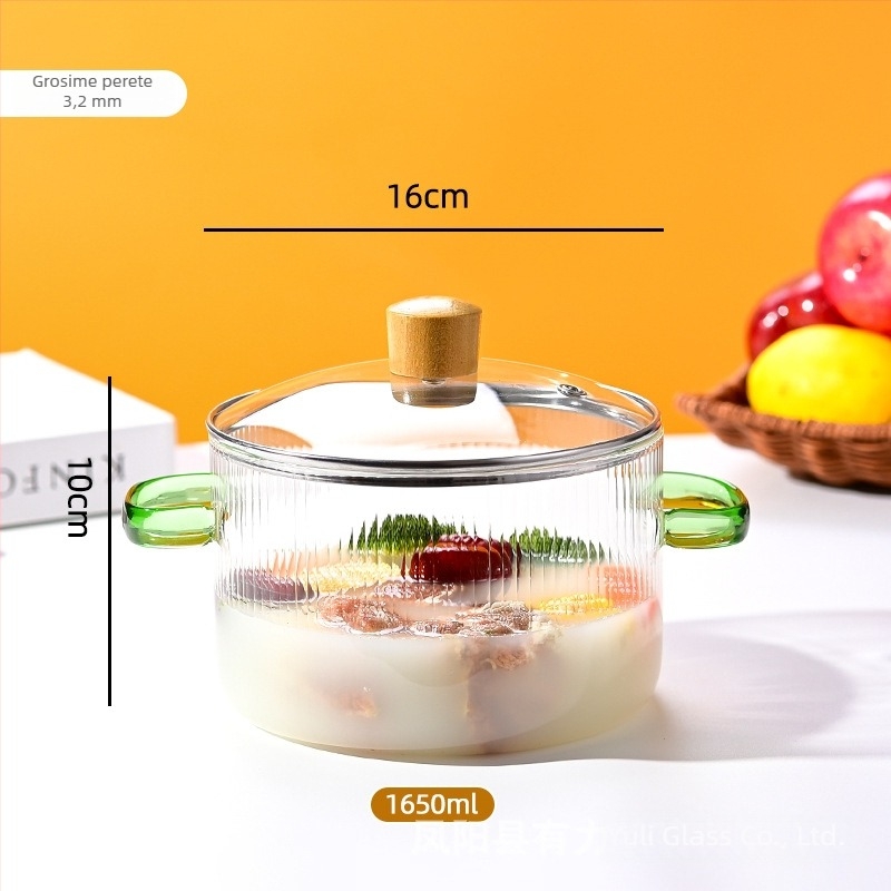 Colorful Oală din sticlă borosilicat de înaltă rezistență pentru supe și lapte, capac din sticlă transparent, 1.1–2 L, model YL-220