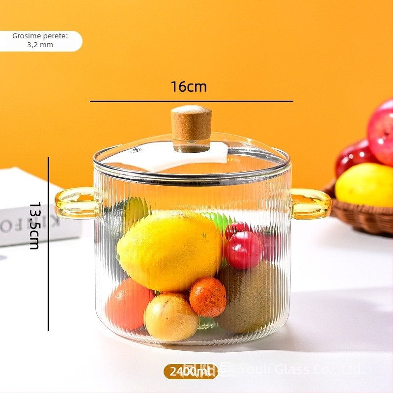 Colorful Oală din sticlă borosilicat de înaltă rezistență pentru supe și lapte, capac din sticlă transparent, 1.1–2 L, model YL-220