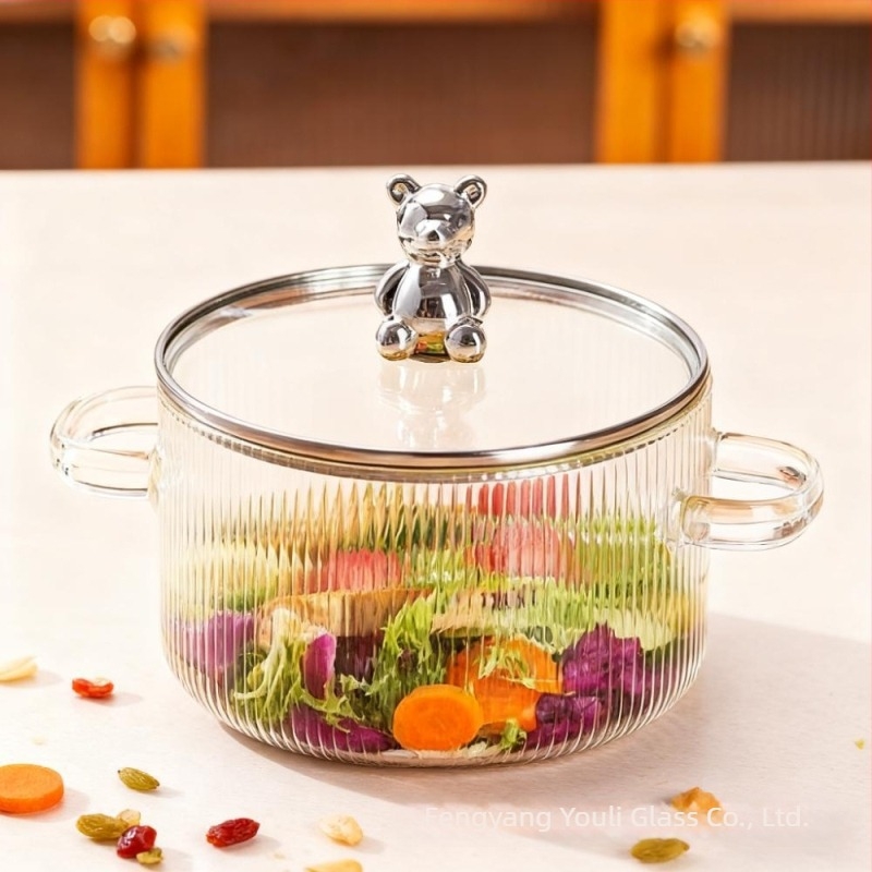 Colorful Oală din sticlă borosilicat de înaltă rezistență pentru supe și lapte, capac din sticlă transparent, 1.1–2 L, model YL-220