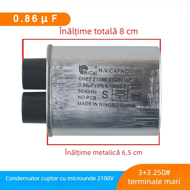 Condensator de înaltă tensiune pentru cuptor cu microunde, 2100V, 0.95µF, 1.05µF, 3+3 contacte mari