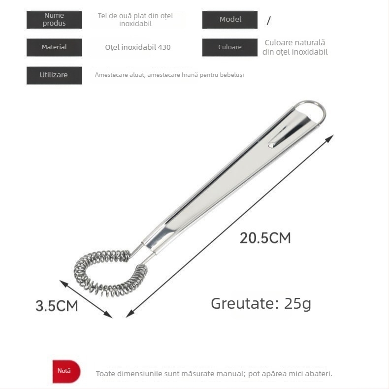 Batator manual pentru ouă din oțel inoxidabil 430, Tel de bucătărie compact, mixer plat multifuncțional cu sârmă arcuită, mâner
