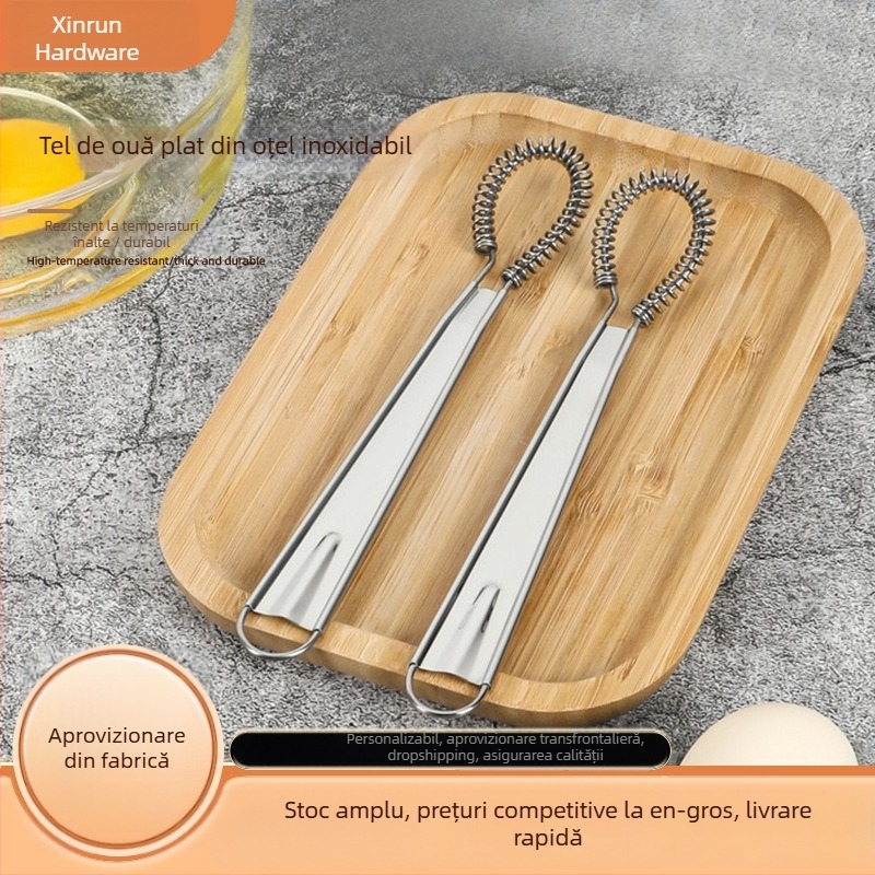 Batator manual pentru ouă din oțel inoxidabil 430, Tel de bucătărie compact, mixer plat multifuncțional cu sârmă arcuită, mâner