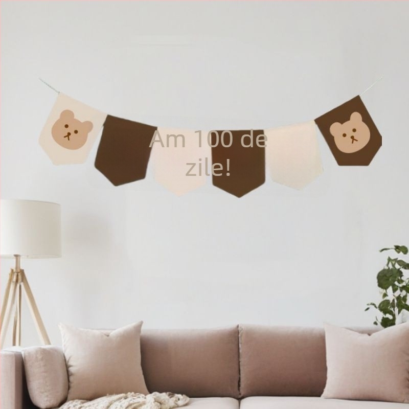 Banner cu steag cu ursuleț în nuanță lapte-cafea, pentru băieți și fete, vârsta 1-6 ani, decor pentru zile de naștere și 100 de zile, panglici triunghiulare