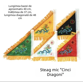 Steag decorativ pentru casă: drapel triunghiular cu dublă broderie în cinci culori (negru, alb, roșu, galben, verde), disponibil în dimensiuni mici, medii și mari.