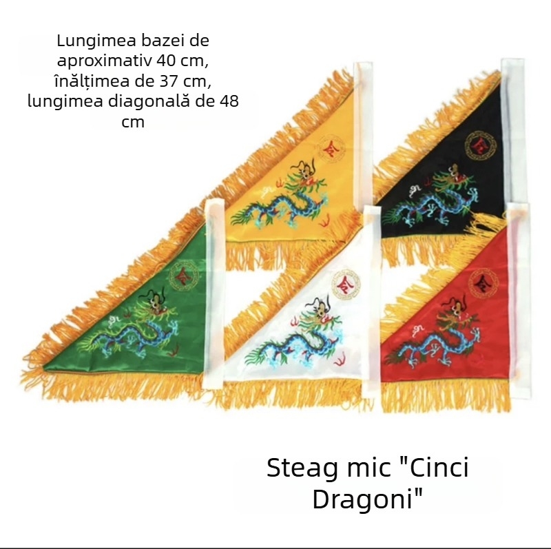 Steag decorativ pentru casă: drapel triunghiular cu dublă broderie în cinci culori (negru, alb, roșu, galben, verde), disponibil în dimensiuni mici, medii și mari.