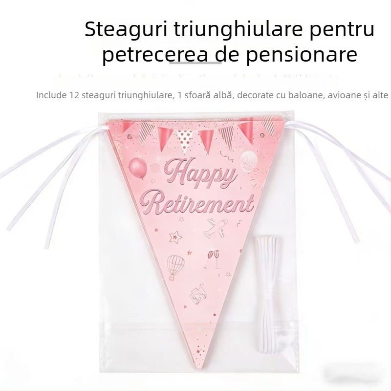 Ghirlandă de pensionare roz-aurie – stegulețe triunghiulare, decor de fundal în stil plajă