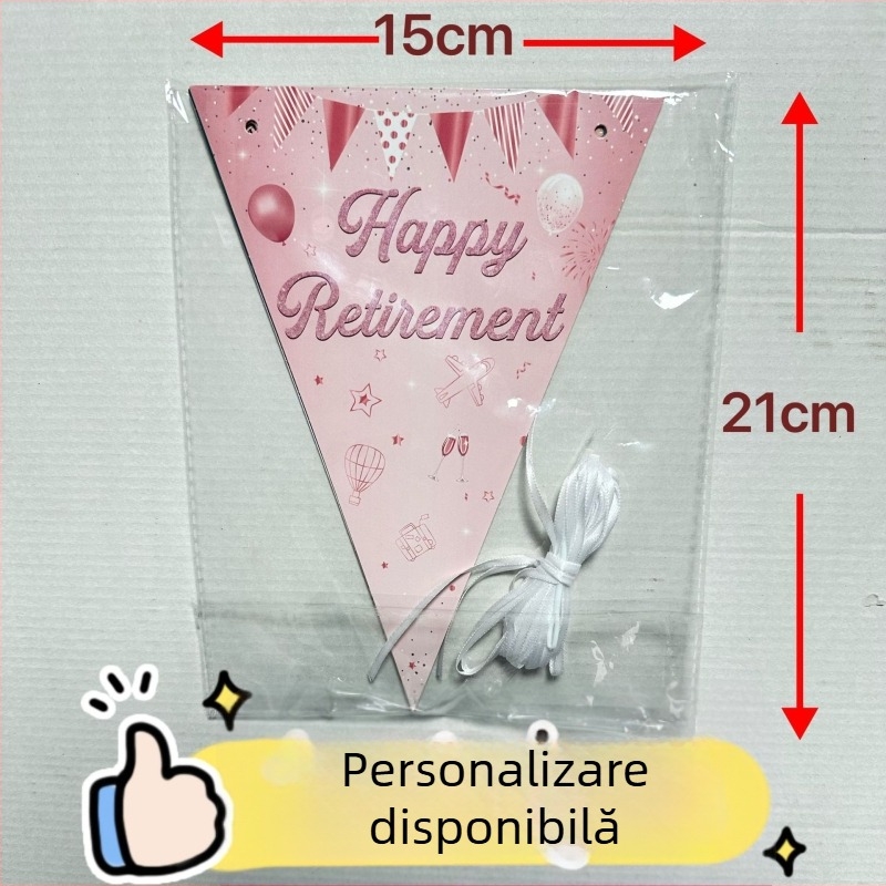 Ghirlandă de pensionare roz-aurie – stegulețe triunghiulare, decor de fundal în stil plajă