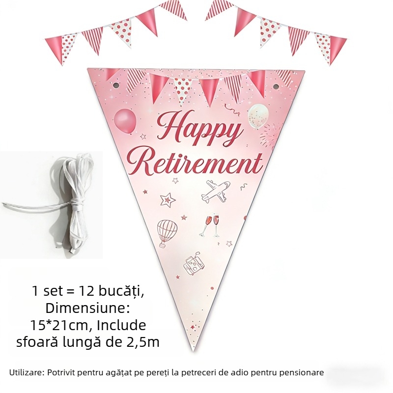 Ghirlandă de pensionare roz-aurie – stegulețe triunghiulare, decor de fundal în stil plajă