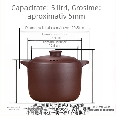 Oală de 6 L din lut purpuriu cu nisip pentru tocană și supe, lut neglazurat, compatibilă cu aragaz pe gaz, rezistentă la temperaturi înalte, capac rotund