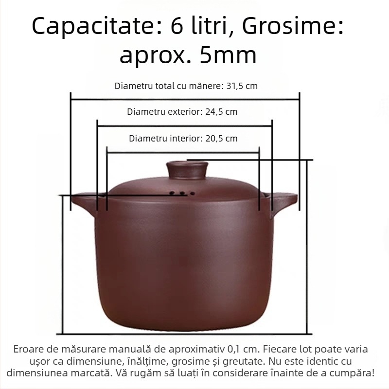 Oală de 6 L din lut purpuriu cu nisip pentru tocană și supe, lut neglazurat, compatibilă cu aragaz pe gaz, rezistentă la temperaturi înalte, capac rotund