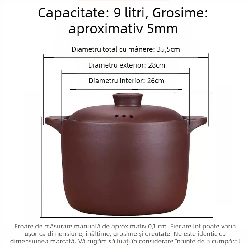 Oală de 6 L din lut purpuriu cu nisip pentru tocană și supe, lut neglazurat, compatibilă cu aragaz pe gaz, rezistentă la temperaturi înalte, capac rotund