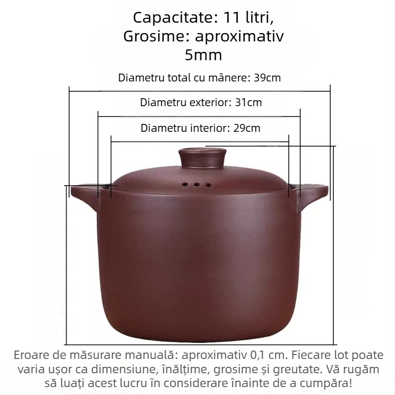 Oală de 6 L din lut purpuriu cu nisip pentru tocană și supe, lut neglazurat, compatibilă cu aragaz pe gaz, rezistentă la temperaturi înalte, capac rotund