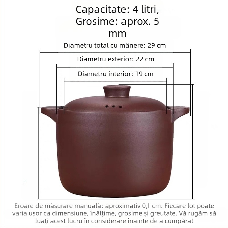 Oală de 6 L din lut purpuriu cu nisip pentru tocană și supe, lut neglazurat, compatibilă cu aragaz pe gaz, rezistentă la temperaturi înalte, capac rotund