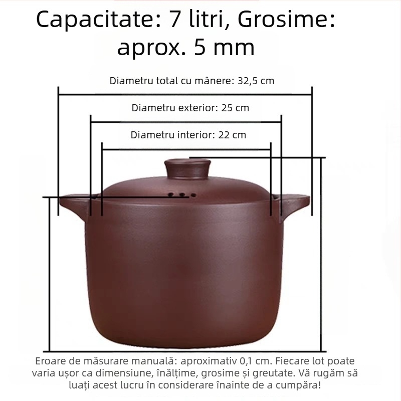 Oală de 6 L din lut purpuriu cu nisip pentru tocană și supe, lut neglazurat, compatibilă cu aragaz pe gaz, rezistentă la temperaturi înalte, capac rotund