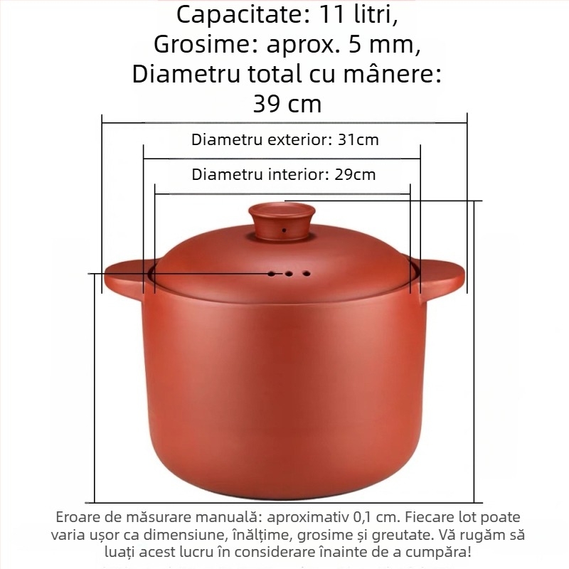 Oală de 6 L din lut purpuriu cu nisip pentru tocană și supe, lut neglazurat, compatibilă cu aragaz pe gaz, rezistentă la temperaturi înalte, capac rotund