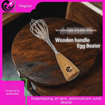 Batator manual pentru ouă cu mâner din lemn și cap din oțel inoxidabil, mini mixer de bucătărie pentru uz casnic