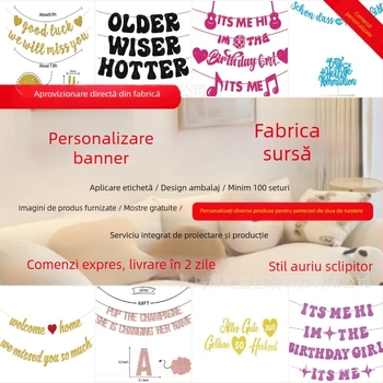 Bannere roz paiete pentru ziua de naștere - steaguri din hârtie, fără tijă, imprimare logo disponibilă