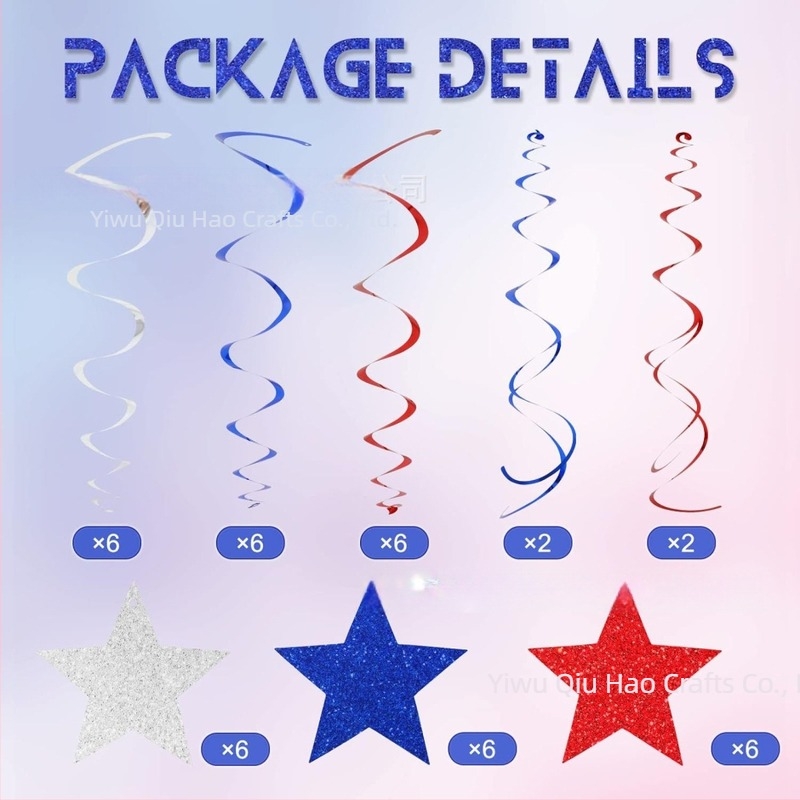 Set de 40 de panglici decorative în formă de stea spirală cu cinci colțuri, în culorile roșu, albastru și alb, pentru Ziua Independenței