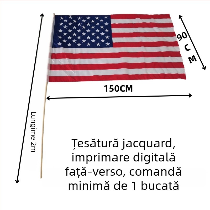 Steag de mână, 90×150 cm, cu tija din lemn de 2 m, pentru SUA, Mexic și Canada