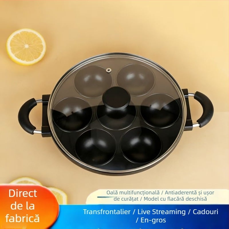 Tavă antiaderentă cu 7 găuri pentru Takoyaki, aluminiu, găuri rotunde
