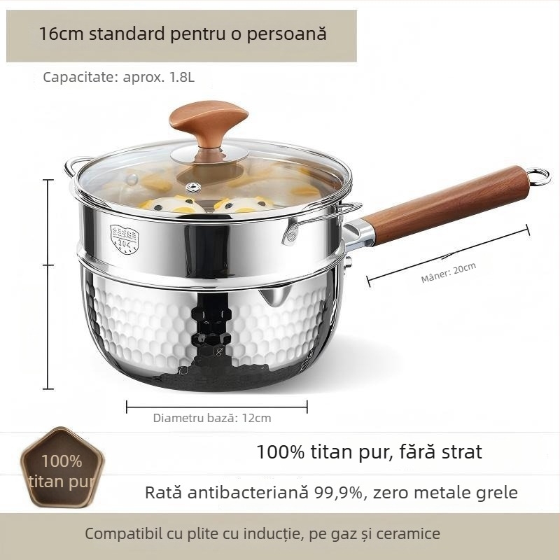 Oală Yukihira din oțel cu mai multe straturi, titan pur, pentru uz casnic, vas mic neacoperit pentru o porție, ideal pentru tăiței, mâncare pentru bebeluși, gătit la abur și supe.