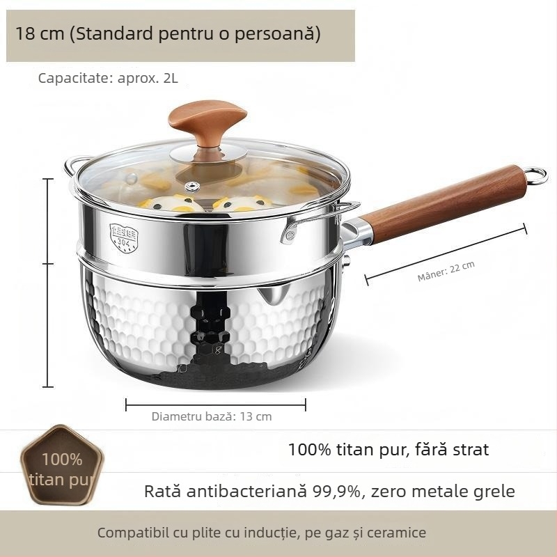 Oală Yukihira din oțel cu mai multe straturi, titan pur, pentru uz casnic, vas mic neacoperit pentru o porție, ideal pentru tăiței, mâncare pentru bebeluși, gătit la abur și supe.