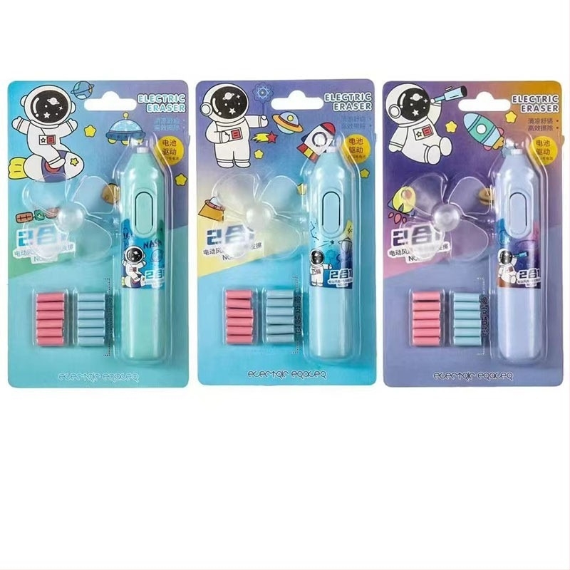 Set radieră cu astronaut desen animat, mecanism push-pull, ABS plastic, dimensiuni 127 × 25 mm
