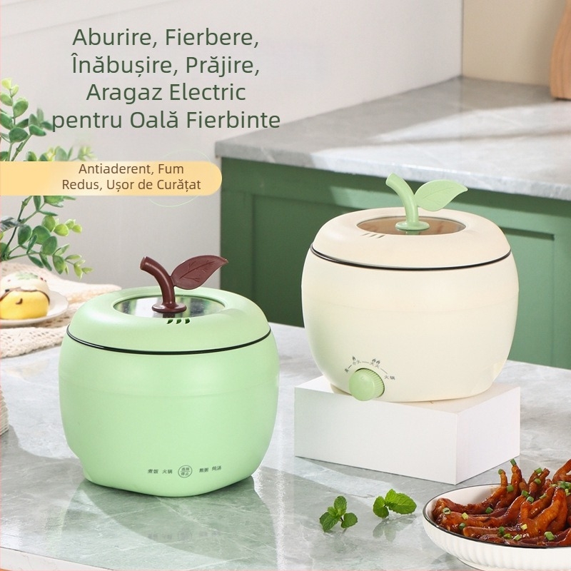 Caserolă electrică multifuncțională pentru tăiței cu inserție ceramică și suprafață antiaderent, capacitate 1 porție, utilizare casnică, 1,8 L, alb-verde