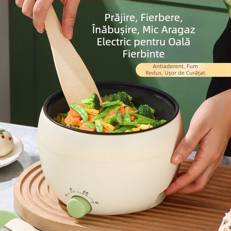 Caserolă electrică multifuncțională pentru tăiței cu inserție ceramică și suprafață antiaderent, capacitate 1 porție, utilizare casnică, 1,8 L, alb-verde