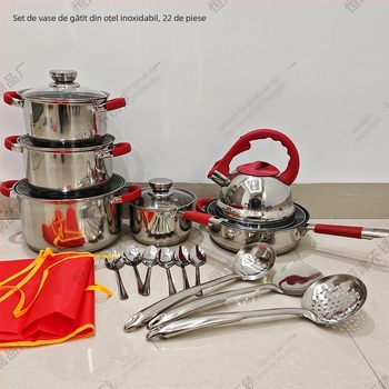 Set de vase din oțel inoxidabil cu fund dublu, mânere din silicon, 22 de piese: oală de supă, oală de lapte și set de tigăi.
