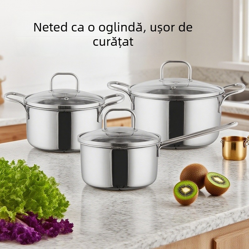 Set de vase din oțel inoxidabil, 3 piese, cu fund dublu gros, include oală de supă și oală de lapte, oțel inoxidabil 304