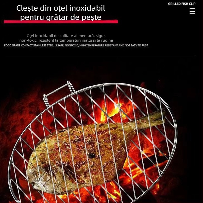 Clește pentru pește la grătar din oțel inoxidabil, cu plasă densă pentru grătar în aer liber