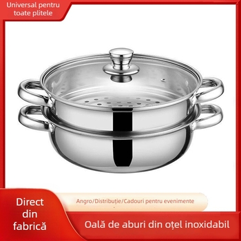 Oală cu aburi din oțel inoxidabil, dublu nivel, 28 cm, pentru gătire la abur a supelor, uz casnic, cu două mâneri, capacitate mare