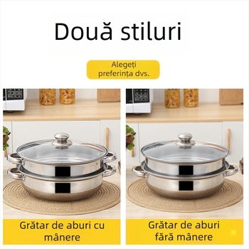 Oală cu aburi din oțel inoxidabil, dublu nivel, 28 cm, pentru gătire la abur a supelor, uz casnic, cu două mâneri, capacitate mare