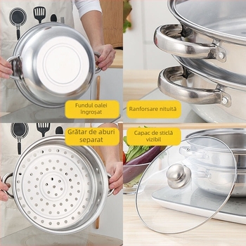 Oală cu aburi din oțel inoxidabil, dublu nivel, 28 cm, pentru gătire la abur a supelor, uz casnic, cu două mâneri, capacitate mare