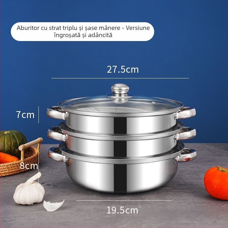 Oală cu aburi din oțel inoxidabil, dublu nivel, 28 cm, pentru gătire la abur a supelor, uz casnic, cu două mâneri, capacitate mare