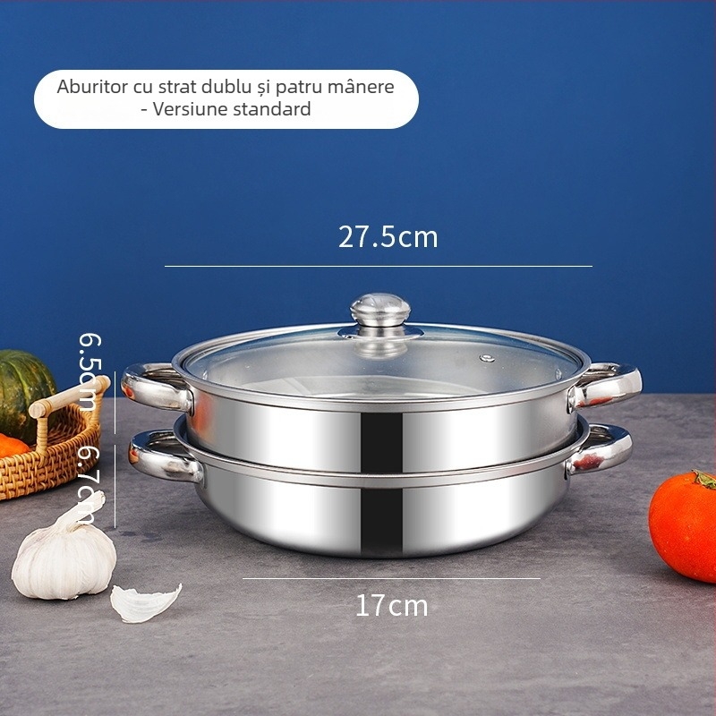 Oală cu aburi din oțel inoxidabil, dublu nivel, 28 cm, pentru gătire la abur a supelor, uz casnic, cu două mâneri, capacitate mare