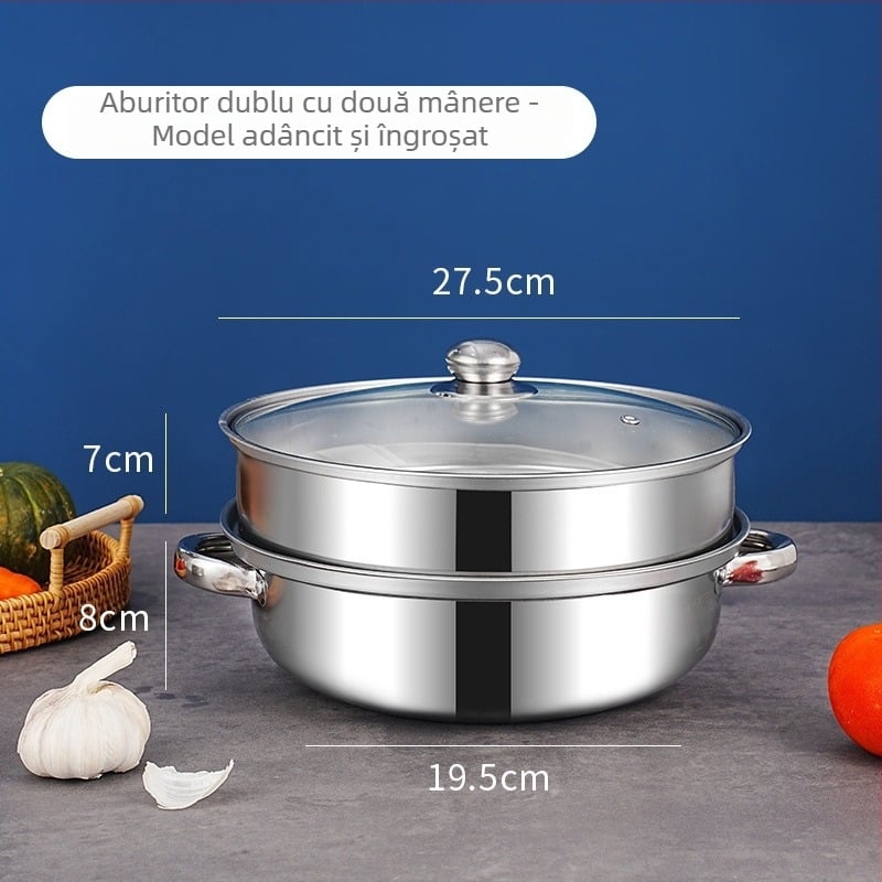 Oală cu aburi din oțel inoxidabil, dublu nivel, 28 cm, pentru gătire la abur a supelor, uz casnic, cu două mâneri, capacitate mare