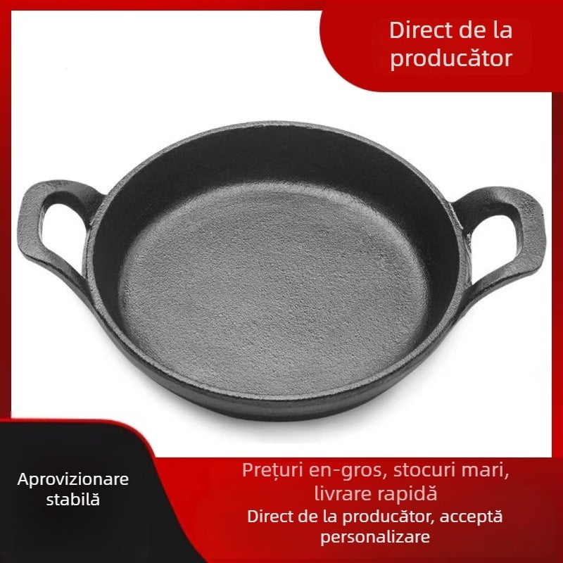 Tigaie mică din fontă, netencuită, cu două mâneri, dimensiuni 16 cm și 18 cm.