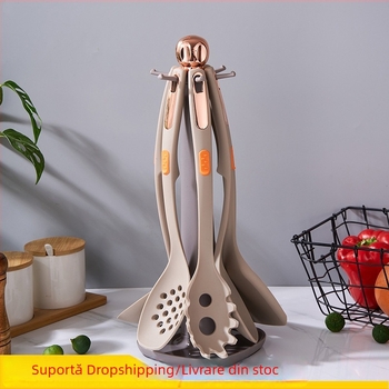 Set din silicon pentru bucătărie, 7 piese, cu suport de depozitare; include lingură și spatulă; rezistent la temperaturi înalte; antiaderent.