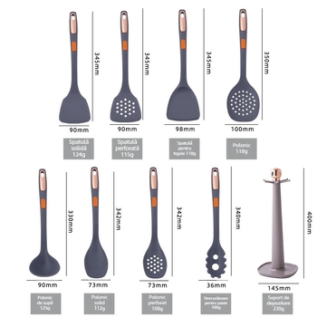 Set din silicon pentru bucătărie, 7 piese, cu suport de depozitare; include lingură și spatulă; rezistent la temperaturi înalte; antiaderent.