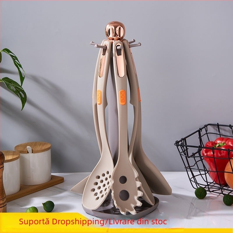 Set din silicon pentru bucătărie, 7 piese, cu suport de depozitare; include lingură și spatulă; rezistent la temperaturi înalte; antiaderent.