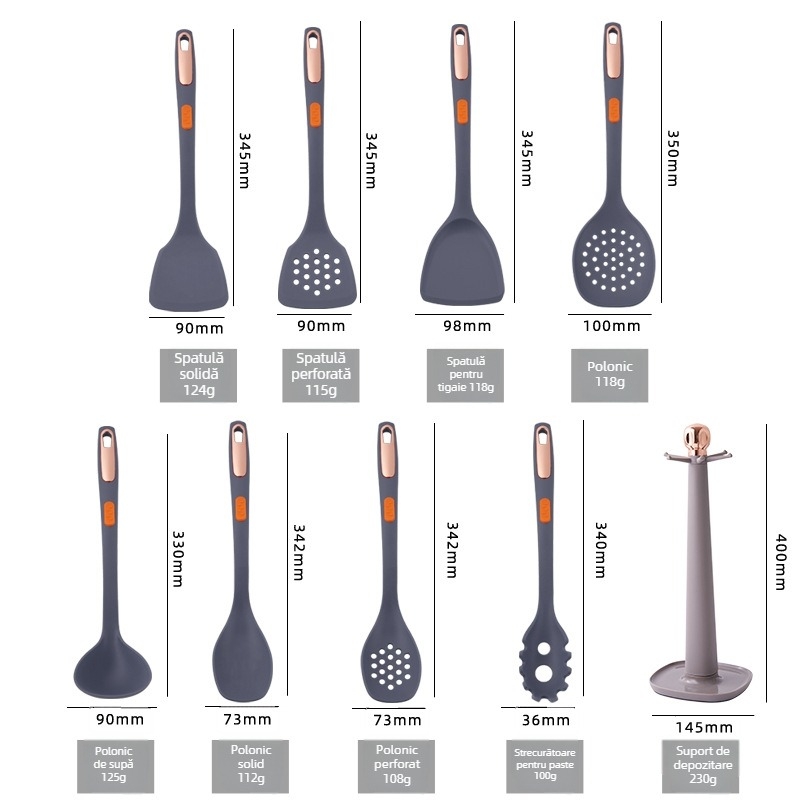 Set din silicon pentru bucătărie, 7 piese, cu suport de depozitare; include lingură și spatulă; rezistent la temperaturi înalte; antiaderent.