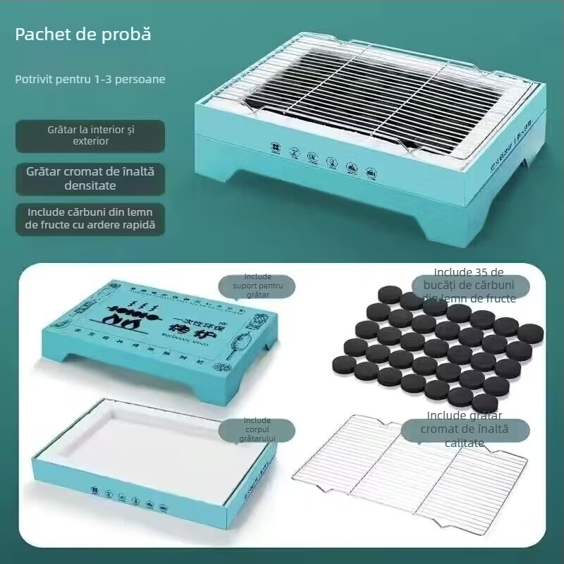 Grătar cu cărbune de unică folosință, portabil pentru uz casnic, camping și activități în aer liber