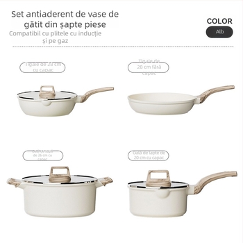 Set de 7 vase și tigăi cu bază din granit, antiaderent, cu capace din sticlă