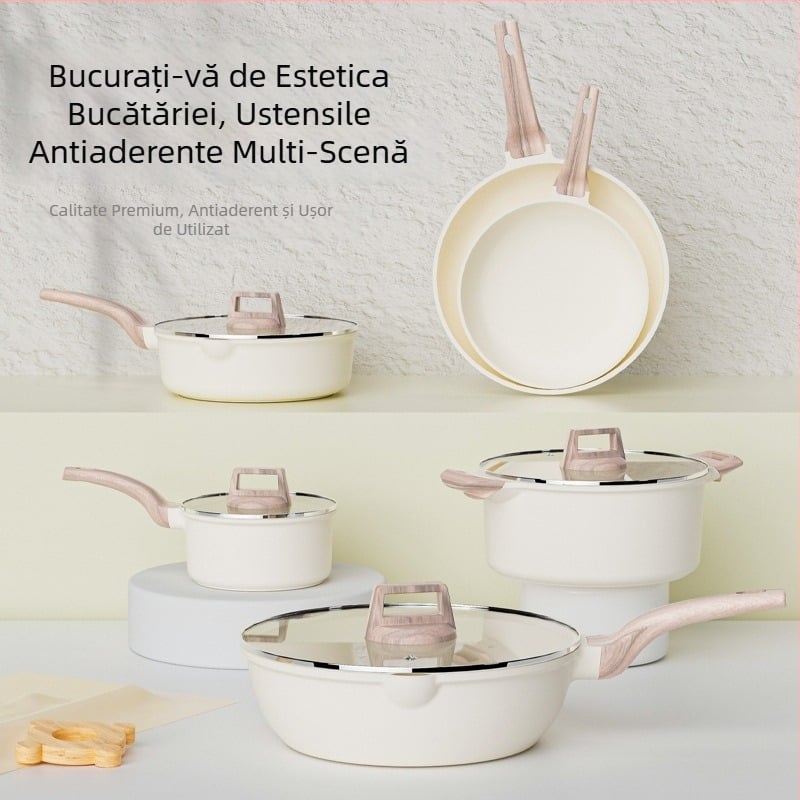 Set de 7 vase și tigăi cu bază din granit, antiaderent, cu capace din sticlă