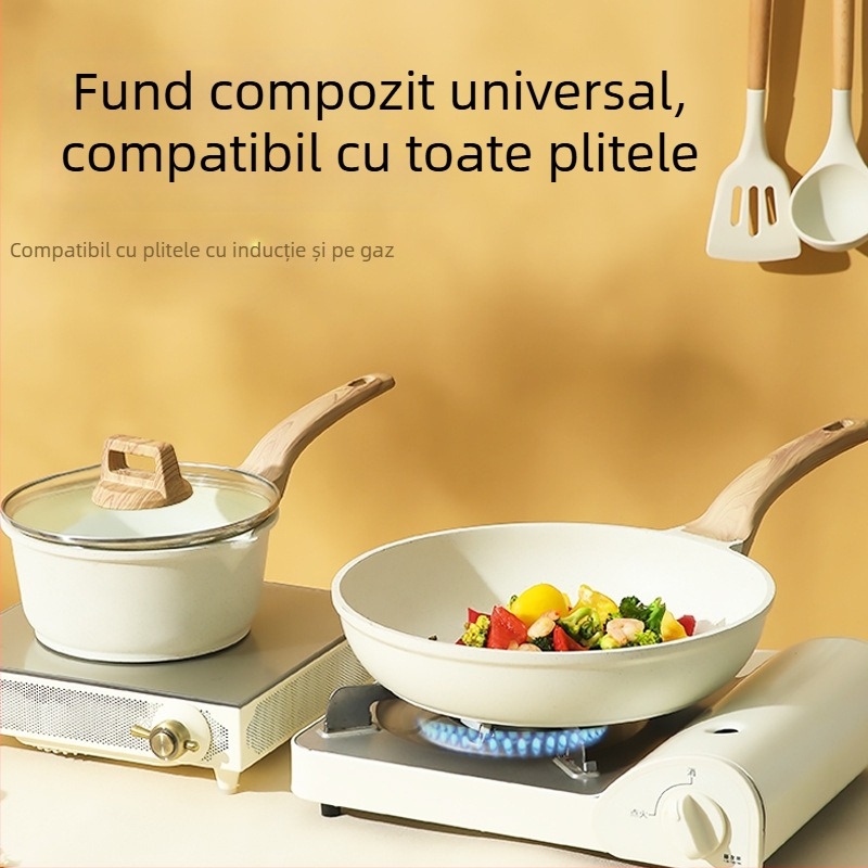 Set de 7 vase și tigăi cu bază din granit, antiaderent, cu capace din sticlă