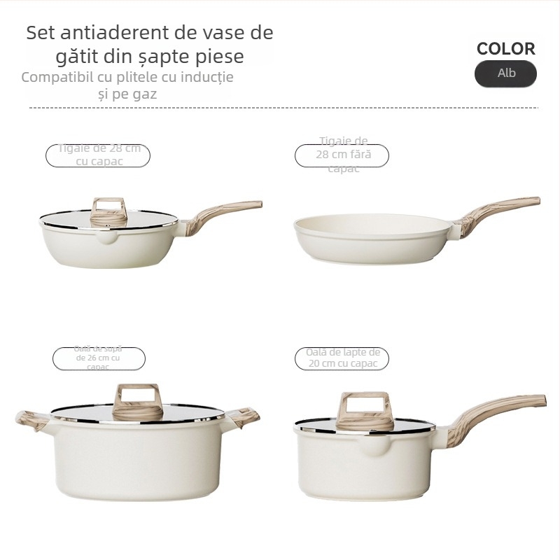 Set de 7 vase și tigăi cu bază din granit, antiaderent, cu capace din sticlă