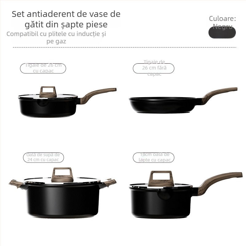 Set de 7 vase și tigăi cu bază din granit, antiaderent, cu capace din sticlă