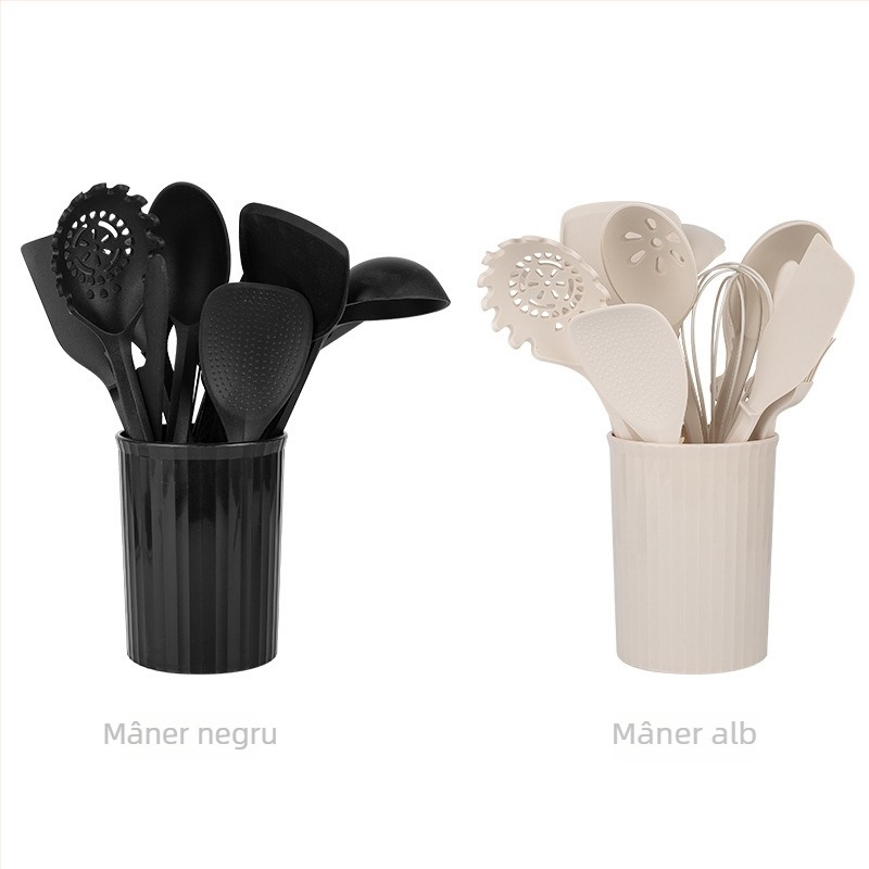Set de ustensile de bucătărie din silicon, 12 piese, nu zgârie oalele, antiaderent, ușor de curățat, rezistent la temperaturi înalte, cu cârlige pentru agățat și recipient de depozitare